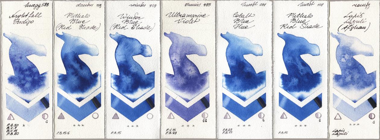 Holbein Artists Watercolor 533 Nightfall Indigo, Daniel Smith 119 Phthalo Blue (Red Shade), Winsor & Newton Professional 709 Winsor Blue (Red Shade), Shminke Horadam Aquarell 495 Ultramarine Violet, 091 Cobalt Blue Hue, 108 Phthalo Blue Red Shade, Roman Szmal Aquarius 999 Lapis Lazuli Afgh watercolor swatch