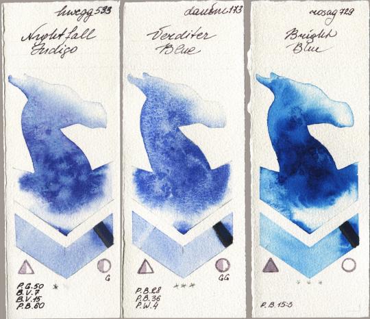 Holbein Artists Watercolor 533 Nightfall Indigo, Daniel Smith 173 Verditer Blue, Rosa Gallery 729 Bright Bl watercolor swatch