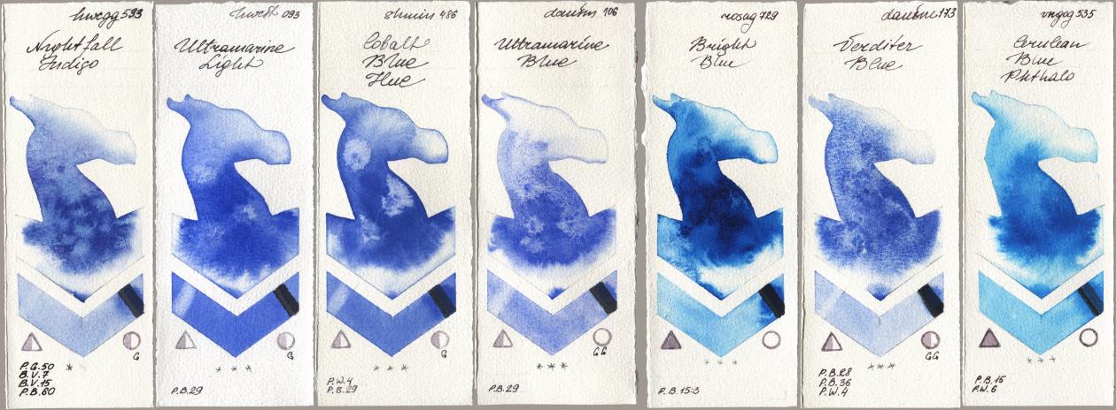 Holbein Artists Watercolor 533 Nightfall Indigo, 093 Ultramarine Light, Shminke Horadam Aquarell 486 Cobalt Blue Hue, Daniel Smith 106 Ultramarine Blue, Rosa Gallery 729 Bright Blue, 173 Verditer Blue, Royal Talens Van Gogh Watercolour 535 Cerulean Blue Phtha watercolor swatch