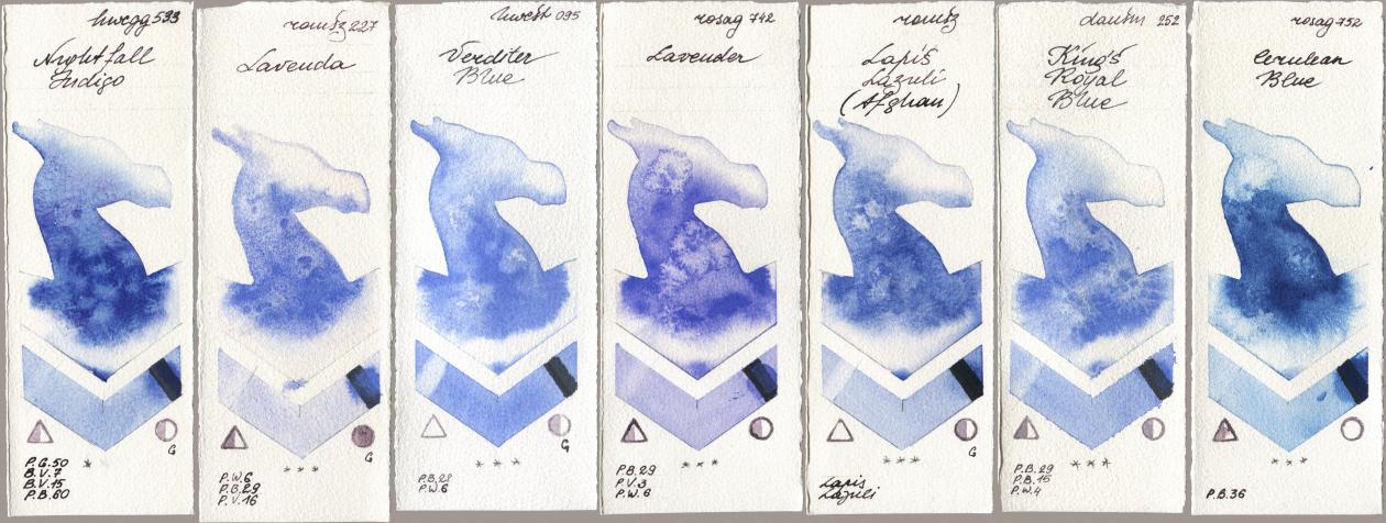 Holbein Artists Watercolor 533 Nightfall Indigo, Roman Szmal Aquarius 227 Lavenda, 095 Verditer Blue, Rosa Gallery 742 Lavender, 999 Lapis Lazuli Afghan, Daniel Smith 252 King’s Royal Blue, 752 Cerulean Bl watercolor swatch