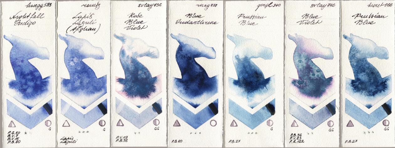 Holbein Artists Watercolor 533 Nightfall Indigo, Roman Szmal Aquarius 999 Lapis Lazuli Afghan, SuperVision 736 Rose Blue Violet, Rosa Gallery 738 Blue Indanthrene, Golden QOR 340 Prussian Blue, 742 Blue Violet, Kuretake Gansai Tambi 066 Prussian Bl watercolor swatch
