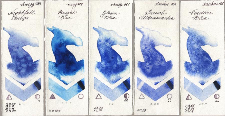 Holbein Artists Watercolor 533 Nightfall Indigo, Rosa Gallery 729 Bright Blue, Shminke Horadam Aquarell 961 Glacier Blue, Daniel Smith 034 French Ultramarine, 173 Verditer Bl watercolor swatch