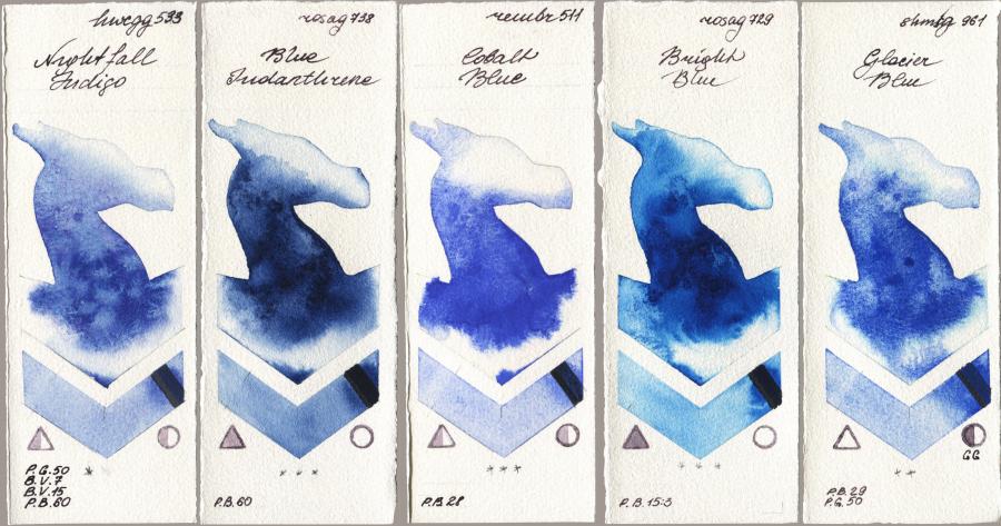 Holbein Artists Watercolor 533 Nightfall Indigo vs Rosa Gallery 738 Blue Indanthrone vs Royal Talens Rembrandt Watercolour 511 Cobalt Blue vs 729 Bright Blue vs Shminke Horadam Aquarell 961 Glacier Blue watercolor swatch
