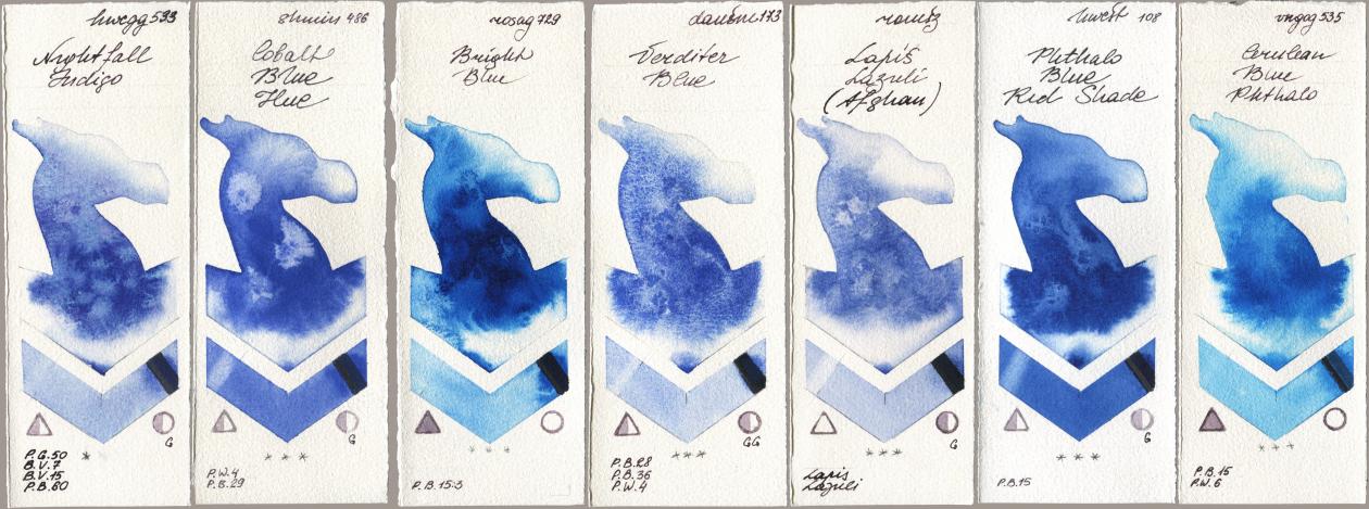 Holbein Artists Watercolor 533 Nightfall Indigo, Shminke Horadam Aquarell 486 Cobalt Blue Hue, Rosa Gallery 729 Bright Blue, Daniel Smith 173 Verditer Blue, Roman Szmal Aquarius 999 Lapis Lazuli Afghan, 108 Phthalo Blue Red Shade, Royal Talens Van Gogh Watercolour 535 Cerulean Blue Phtha watercolor swatch