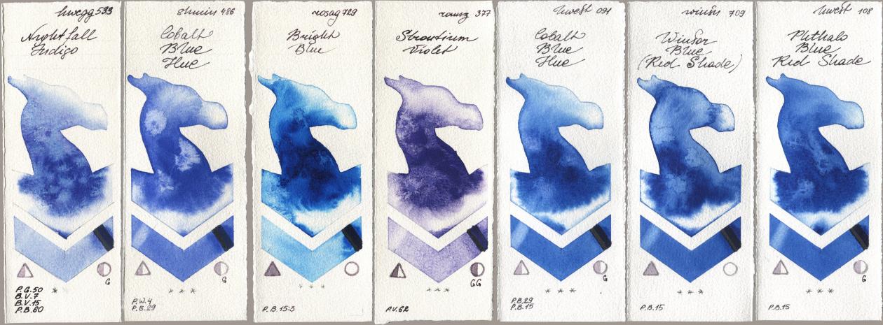 Holbein Artists Watercolor 533 Nightfall Indigo, Shminke Horadam Aquarell 486 Cobalt Blue Hue, Rosa Gallery 729 Bright Blue, Roman Szmal Aquarius 377 Strontium Violet, 091 Cobalt Blue Hue, Winsor & Newton Professional 709 Winsor Blue (Red Shade), 108 Phthalo Blue Red Sha watercolor swatch