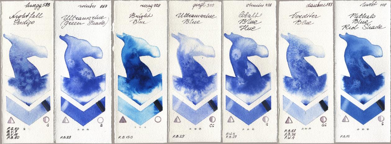 Holbein Artists Watercolor 533 Nightfall Indigo, Winsor & Newton Professional 667 Ultramarine (Green Shade), Rosa Gallery 729 Bright Blue, Golden QOR 310 Ultramarine Blue, Shminke Horadam Aquarell 486 Cobalt Blue Hue, Daniel Smith 173 Verditer Blue, 108 Phthalo Blue Red Sha watercolor swatch