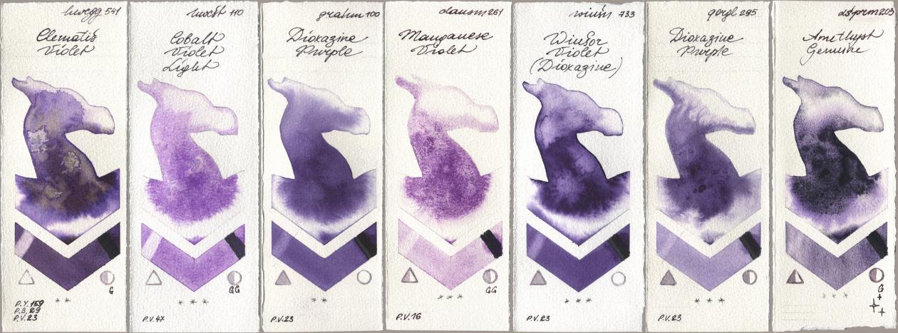 Holbein Artists Watercolor 541 Clematis Violet, 110 Cobalt Violet Light, M. Graham & Co. Artists 100 Dioxazine Purple, Daniel Smith 261 Manganese Violet, Winsor & Newton Professional 733 Winsor Violet (Dioxazine), Golden QOR 295 Dioxazine Purple, 203 Amethyst Genui watercolor swatch