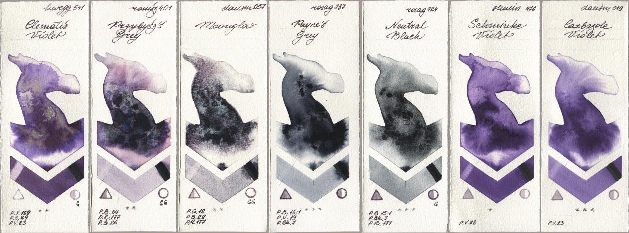 Holbein Artists Watercolor 541 Clematis Violet, Roman Szmal Aquarius 401 Przybyszs Grey, Daniel Smith 057 Moonglow, Rosa Gallery 737 Paynes Grey, 724 Neutral Black, Shminke Horadam Aquarell 476 Schmincke Violet, 019 Carbazole Viol watercolor swatch