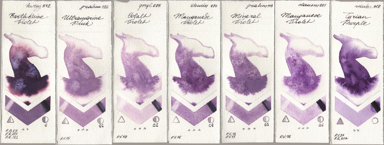 Holbein Artists Watercolor 542 Earthshine Violet, M. Graham & Co. Artists 192 Ultramarine Pink, Golden QOR 285 Cobalt Violet, Shminke Horadam Aquarell 474 Manganese Violet, 116 Mineral Violet, Daniel Smith 261 Manganese Violet, Winsor & Newton Professional 419 Tyrian Purp watercolor swatch