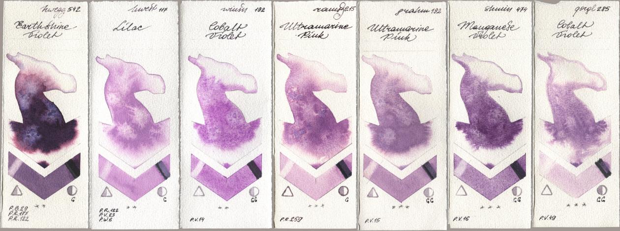 Holbein Artists Watercolor 542 Earthshine Violet, 117 Lilac, Winsor & Newton Professional 192 Cobalt Violet, Roman Szmal Aquarius 215 Ultramarine Pink, M. Graham & Co. Artists 192 Ultramarine Pink, Shminke Horadam Aquarell 474 Manganese Violet, Golden QOR 285 Cobalt Viol watercolor swatch