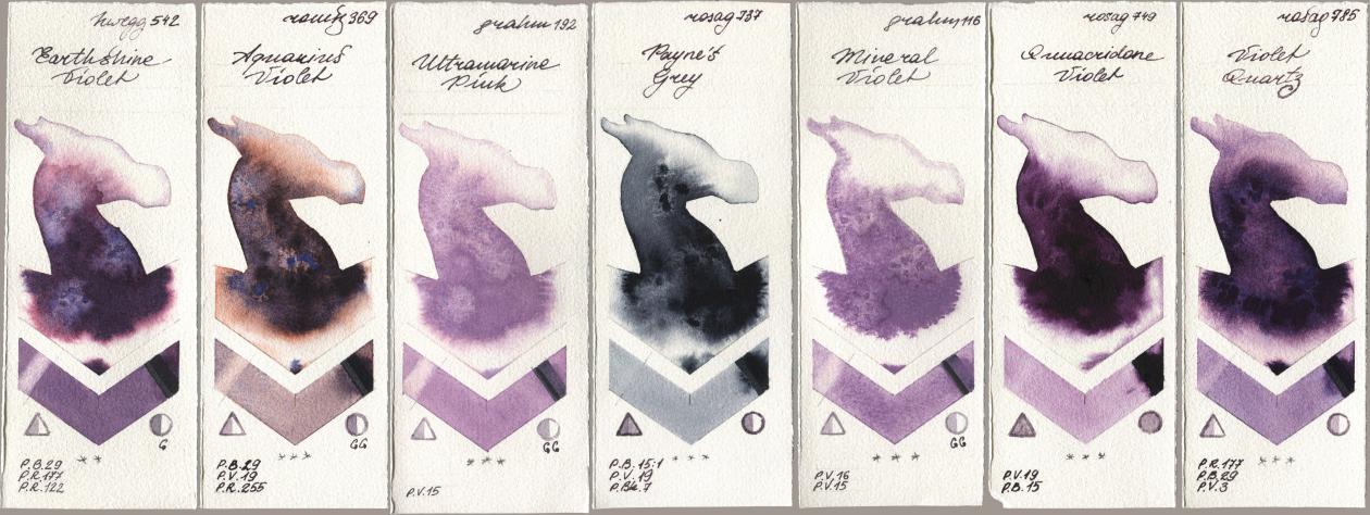 Holbein Artists Watercolor 542 Earthshine Violet, Roman Szmal Aquarius 369 Aquarius Violet, M. Graham & Co. Artists 192 Ultramarine Pink, Rosa Gallery 737 Paynes Grey, 116 Mineral Violet, 749 Quinacridone Violet, 785 Violet Quar watercolor swatch