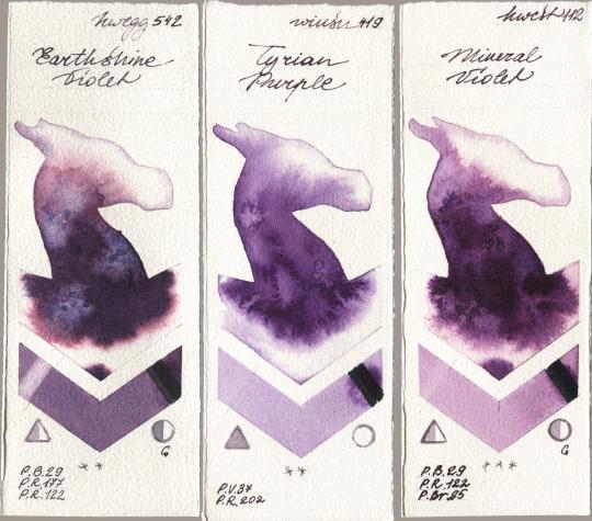 Holbein Artists Watercolor 542 Earthshine Violet, Winsor & Newton Professional 419 Tyrian Purple, 112 Mineral Viol watercolor swatch