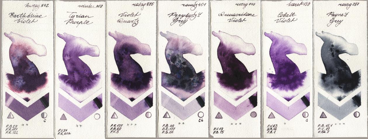 Holbein Artists Watercolor 542 Earthshine Violet, Winsor & Newton Professional 419 Tyrian Purple, Rosa Gallery 785 Violet Quartz, Roman Szmal Aquarius 401 Przybyszs Grey, 749 Quinacridone Violet, Kuretake Gansai Tambi 139 Cobalt Violet, 737 Paynes Gr watercolor swatch