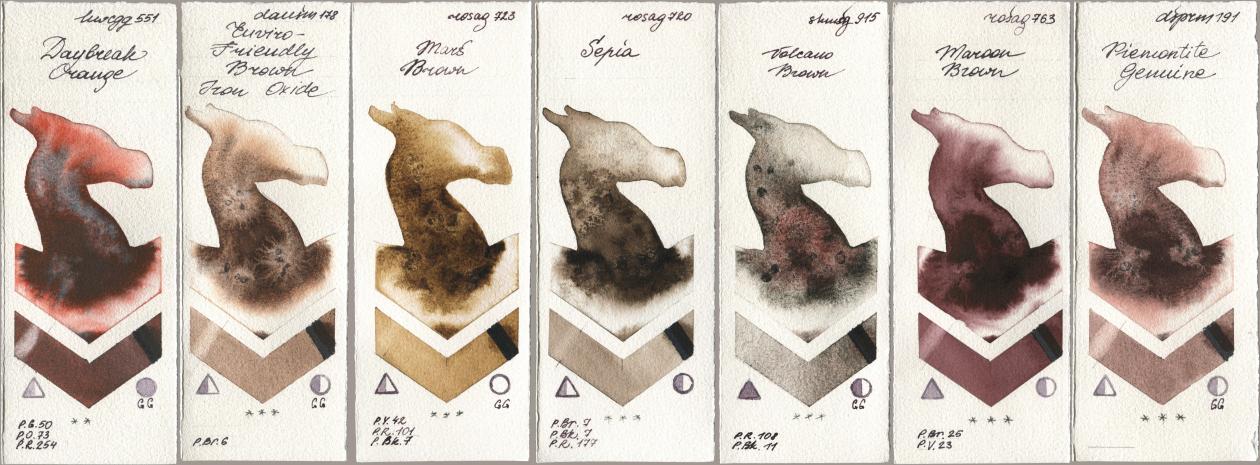 Holbein Artists Watercolor 551 Daybreak Orange, Daniel Smith 178 Enviro-Friendly Brown Iron Oxide, Rosa Gallery 723 Mars Brown, 720 Sepia, Shminke Horadam Aquarell 915 Volcano Brown, 763 Maroon Brown, 191 Piemontite Genui watercolor swatch
