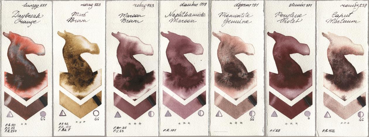 Holbein Artists Watercolor 551 Daybreak Orange, Rosa Gallery 723 Mars Brown, 763 Maroon Brown, Daniel Smith 059 Naphthamide Maroon, 191 Piemontite Genuine, Shminke Horadam Aquarell 371 Perylene Violet, Roman Szmal Aquarius 239 Caput Mortu watercolor swatch