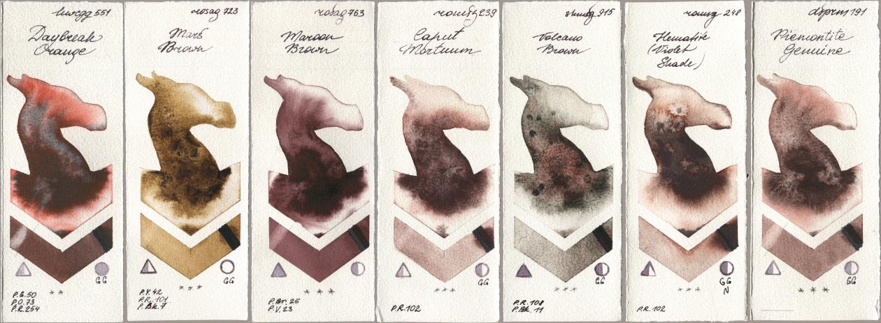 Holbein Artists Watercolor 551 Daybreak Orange, Rosa Gallery 723 Mars Brown, 763 Maroon Brown, Roman Szmal Aquarius 239 Caput Mortuum, Shminke Horadam Aquarell 915 Volcano Brown, 248 Hematite (Violet Shade), Daniel Smith 191 Piemontite Genui watercolor swatch