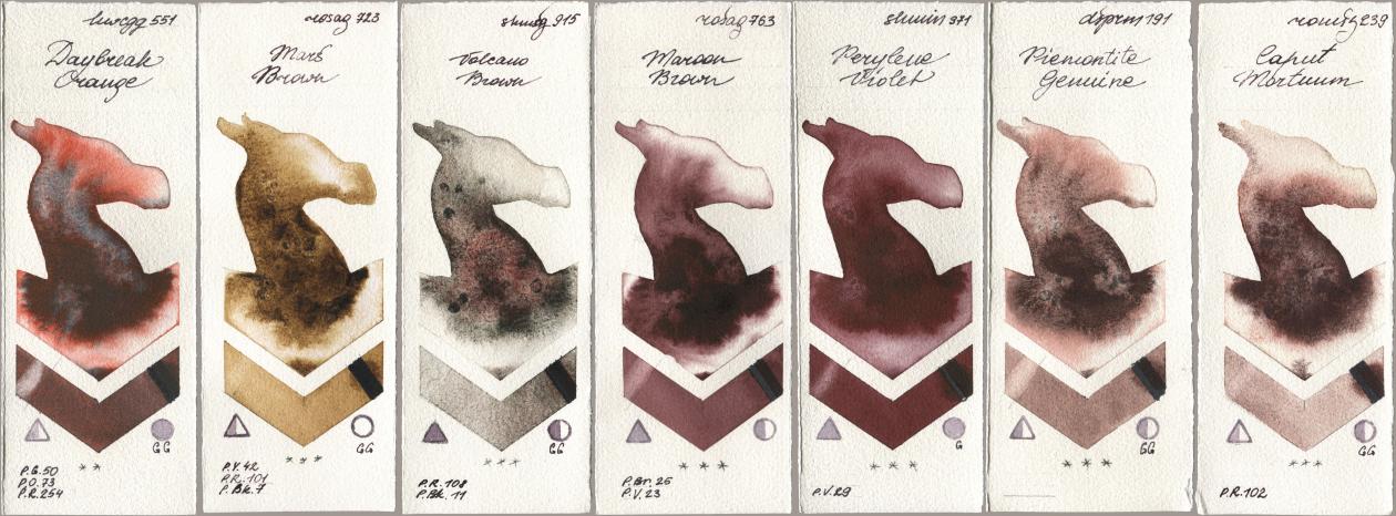 Holbein Artists Watercolor 551 Daybreak Orange, Rosa Gallery 723 Mars Brown, Shminke Horadam Aquarell 915 Volcano Brown, 763 Maroon Brown, 371 Perylene Violet, Daniel Smith 191 Piemontite Genuine, Roman Szmal Aquarius 239 Caput Mortu watercolor swatch