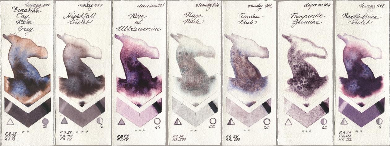 Holbein Artists Watercolor 561 Eurasian Jay Rose Grey, Rosa Gallery 787 Nightfall Violet, Daniel Smith 101 Rose of Ultramarine, Shminke Horadam Aquarell 966 Haze Pink, 982 Tundra Pink, 164 Purpurite Genuine, 542 Earthshine Viol watercolor swatch