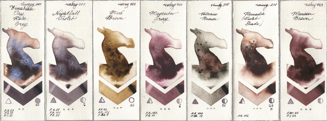 Holbein Artists Watercolor 561 Eurasian Jay Rose Grey, Rosa Gallery 787 Nightfall Violet, 723 Mars Brown, 764 Magenta Gray, Shminke Horadam Aquarell 915 Volcano Brown, Roman Szmal Aquarius 248 Hematite (Violet Shade), 763 Maroon Bro watercolor swatch
