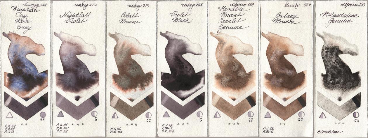 Holbein Artists Watercolor 561 Eurasian Jay Rose Grey, Rosa Gallery 787 Nightfall Violet, 784 Cobalt Brown, 765 Violet Black, Daniel Smith 158 Hematite Burnt Scarlet Genuine, Shminke Horadam Aquarell 974 Galaxy Brown, 193 Bloodstone Genui watercolor swatch