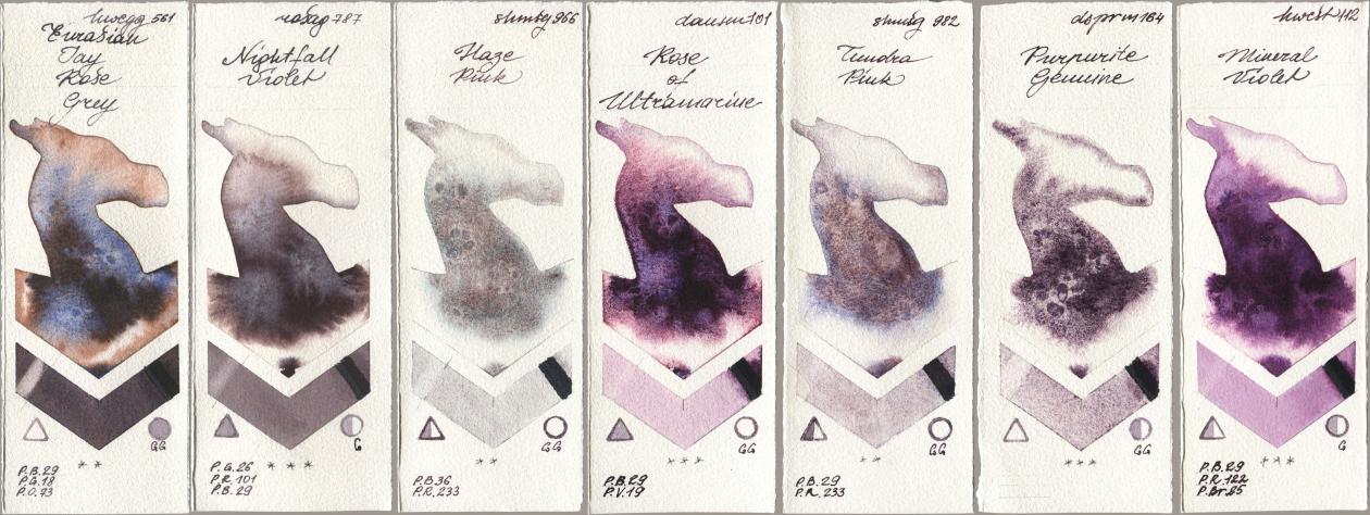 Holbein Artists Watercolor 561 Eurasian Jay Rose Grey, Rosa Gallery 787 Nightfall Violet, Shminke Horadam Aquarell 966 Haze Pink, Daniel Smith 101 Rose of Ultramarine, 982 Tundra Pink, 164 Purpurite Genuine, 112 Mineral Viol watercolor swatch