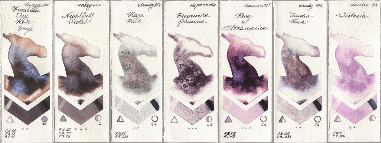 Holbein Artists Watercolor 561 Eurasian Jay Rose Grey, Rosa Gallery 787 Nightfall Violet, Shminke Horadam Aquarell 966 Haze Pink, Daniel Smith 164 Purpurite Genuine, 101 Rose of Ultramarine, 982 Tundra Pink, 231 Wister watercolor swatch