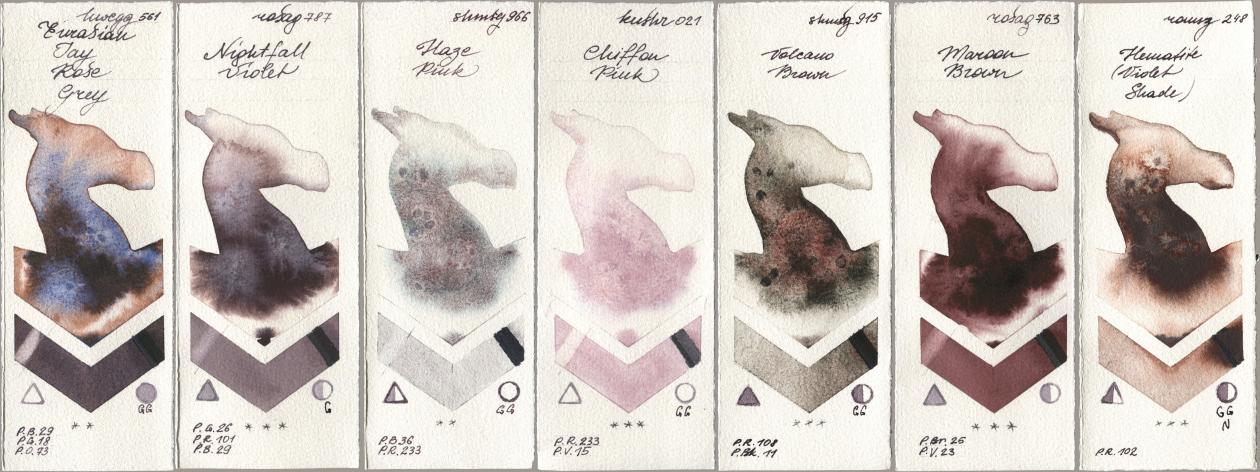 Holbein Artists Watercolor 561 Eurasian Jay Rose Grey, Rosa Gallery 787 Nightfall Violet, Shminke Horadam Aquarell 966 Haze Pink, Kusakabe 021 Chiffon Pink, 915 Volcano Brown, 763 Maroon Brown, Roman Szmal Aquarius 248 Hematite (Violet Shad watercolor swatch