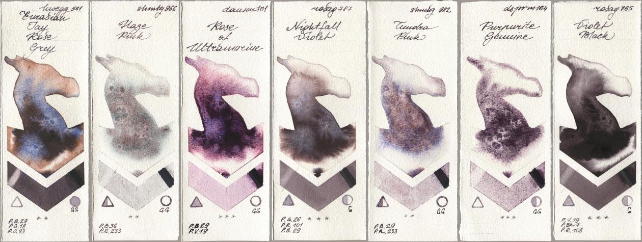 Holbein Artists Watercolor 561 Eurasian Jay Rose Grey, Shminke Horadam Aquarell 966 Haze Pink, Daniel Smith 101 Rose of Ultramarine, Rosa Gallery 787 Nightfall Violet, 982 Tundra Pink, 164 Purpurite Genuine, 765 Violet Bla watercolor swatch
