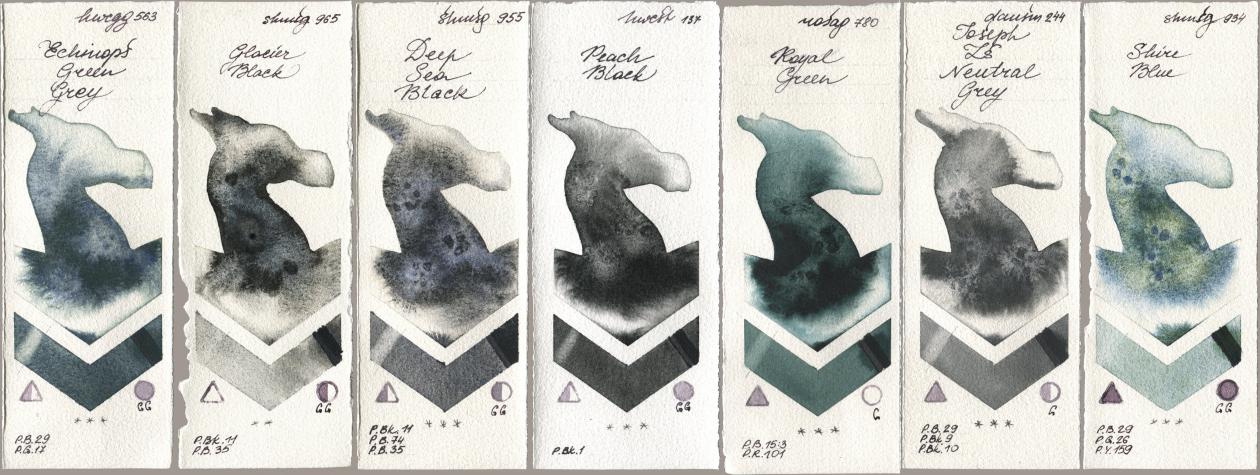 Holbein Artists Watercolor 563 Echinops Green Grey, Shminke Horadam Aquarell 965 Glacier Black, 955 Deep Sea Black, 137 Peach Black, Rosa Gallery 780 Royal Green, Daniel Smith 244 Joseph Zs Neutral Grey, 934 Shire Bl watercolor swatch