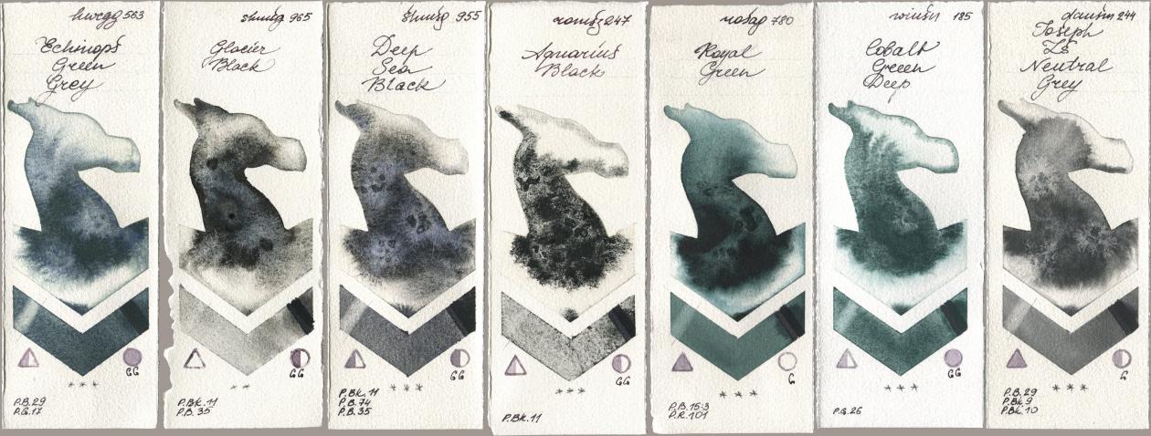 Holbein Artists Watercolor 563 Echinops Green Grey, Shminke Horadam Aquarell 965 Glacier Black, 955 Deep Sea Black, Roman Szmal Aquarius 247 Aquarius Black, Rosa Gallery 780 Royal Green, Winsor & Newton Professional 185 Cobalt Green Deep, Daniel Smith 244 Joseph Zs Neutral Gr watercolor swatch
