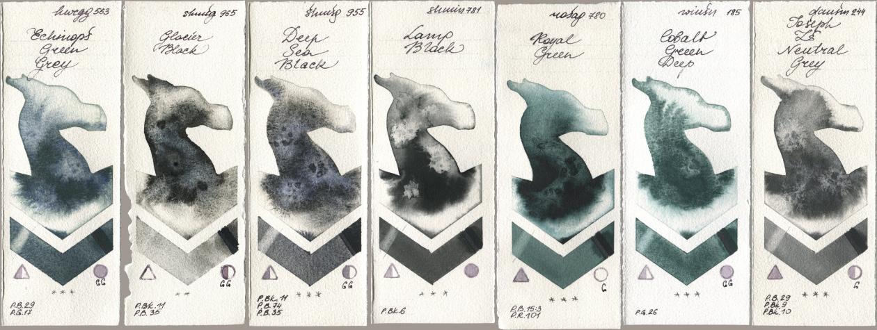 Holbein Artists Watercolor 563 Echinops Green Grey, Shminke Horadam Aquarell 965 Glacier Black, 955 Deep Sea Black, 781 Lamp Black, Rosa Gallery 780 Royal Green, Winsor & Newton Professional 185 Cobalt Green Deep, Daniel Smith 244 Joseph Zs Neutral Gr watercolor swatch