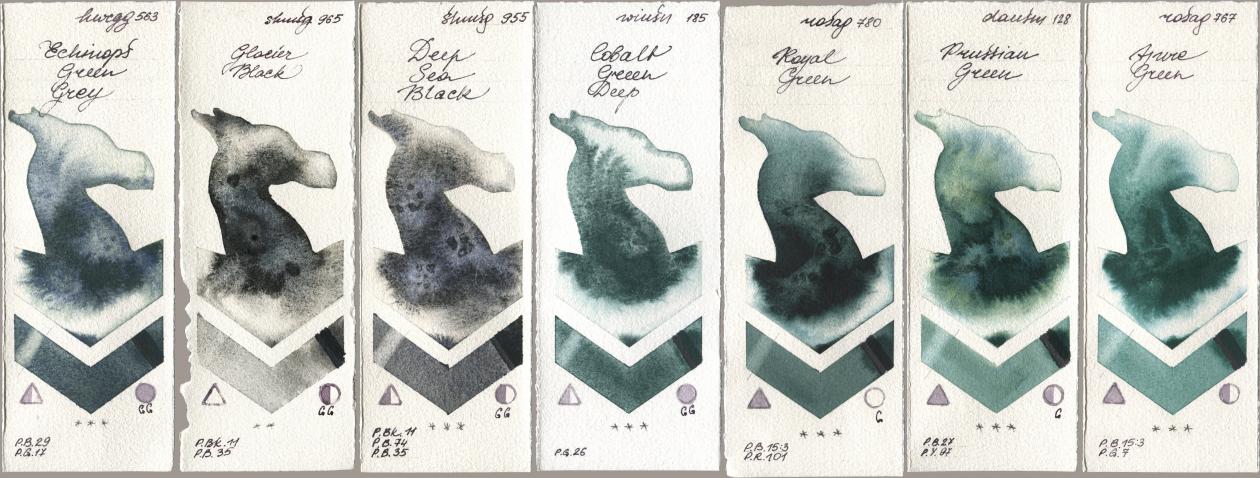 Holbein Artists Watercolor 563 Echinops Green Grey, Shminke Horadam Aquarell 965 Glacier Black, 955 Deep Sea Black, Winsor & Newton Professional 185 Cobalt Green Deep, Rosa Gallery 780 Royal Green, Daniel Smith 128 Prussian Green, 767 Azure Gre watercolor swatch