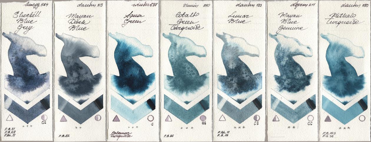 Holbein Artists Watercolor 564 Shoebill Blue Grey, Daniel Smith 213 Mayan Dark Blue, Winsor & Newton Professional 697 Aqua Green, Shminke Horadam Aquarell 510 Cobalt Green Turquoise, 183 Lunar Blue, 211 Mayan Blue Genuine, 080 Phthalo Turquoi watercolor swatch