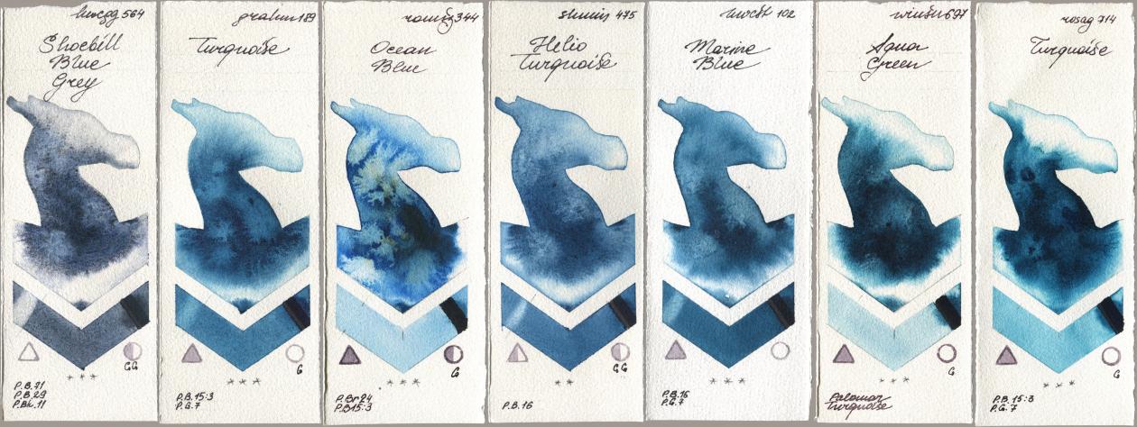 Holbein Artists Watercolor 564 Shoebill Blue Grey, M. Graham & Co. Artists 189 Turquoise, Roman Szmal Aquarius 344 Ocean Blue, Shminke Horadam Aquarell 475 Helio Turquoise, 102 Marine Blue, Winsor & Newton Professional 697 Aqua Green, Rosa Gallery 714 Turquoi watercolor swatch