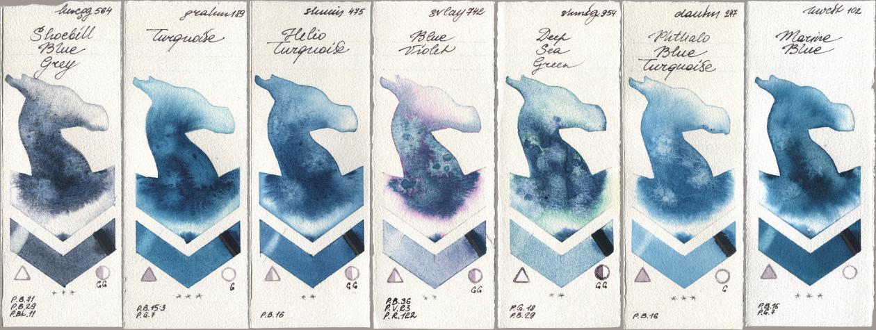 Holbein Artists Watercolor 564 Shoebill Blue Grey, M. Graham & Co. Artists 189 Turquoise, Shminke Horadam Aquarell 475 Helio Turquoise, SuperVision 742 Blue Violet, 954 Deep Sea Green, Daniel Smith 247 Phthalo Blue Turquoise, 102 Marine Bl watercolor swatch