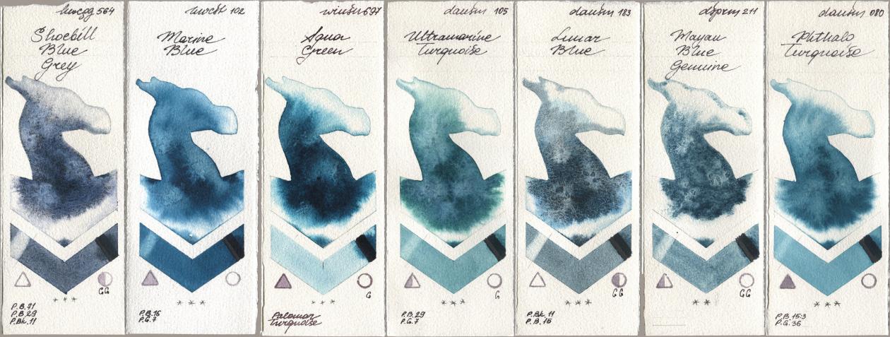 Holbein Artists Watercolor 564 Shoebill Blue Grey, 102 Marine Blue, Winsor & Newton Professional 697 Aqua Green, Daniel Smith 105 Ultramarine Turquoise, 183 Lunar Blue, 211 Mayan Blue Genuine, 080 Phthalo Turquoi watercolor swatch