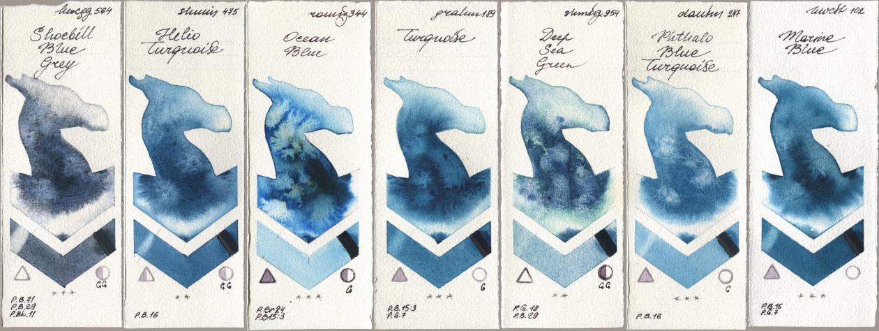 Holbein Artists Watercolor 564 Shoebill Blue Grey, Shminke Horadam Aquarell 475 Helio Turquoise, Roman Szmal Aquarius 344 Ocean Blue, M. Graham & Co. Artists 189 Turquoise, 954 Deep Sea Green, Daniel Smith 247 Phthalo Blue Turquoise, 102 Marine Bl watercolor swatch