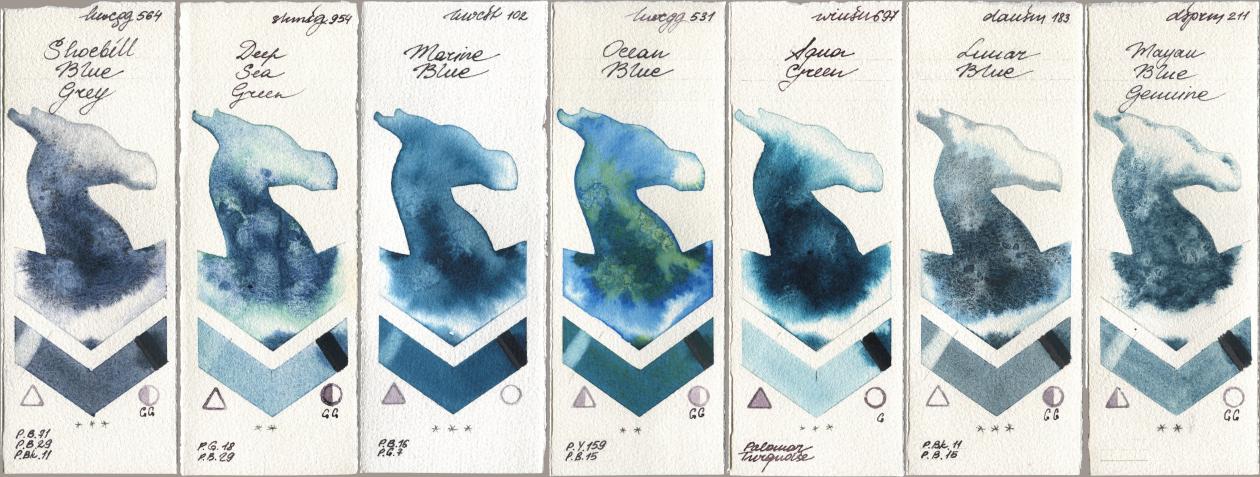 Holbein Artists Watercolor 564 Shoebill Blue Grey, Shminke Horadam Aquarell 954 Deep Sea Green, 102 Marine Blue, 531 Ocean Blue, Winsor & Newton Professional 697 Aqua Green, Daniel Smith 183 Lunar Blue, 211 Mayan Blue Genui watercolor swatch