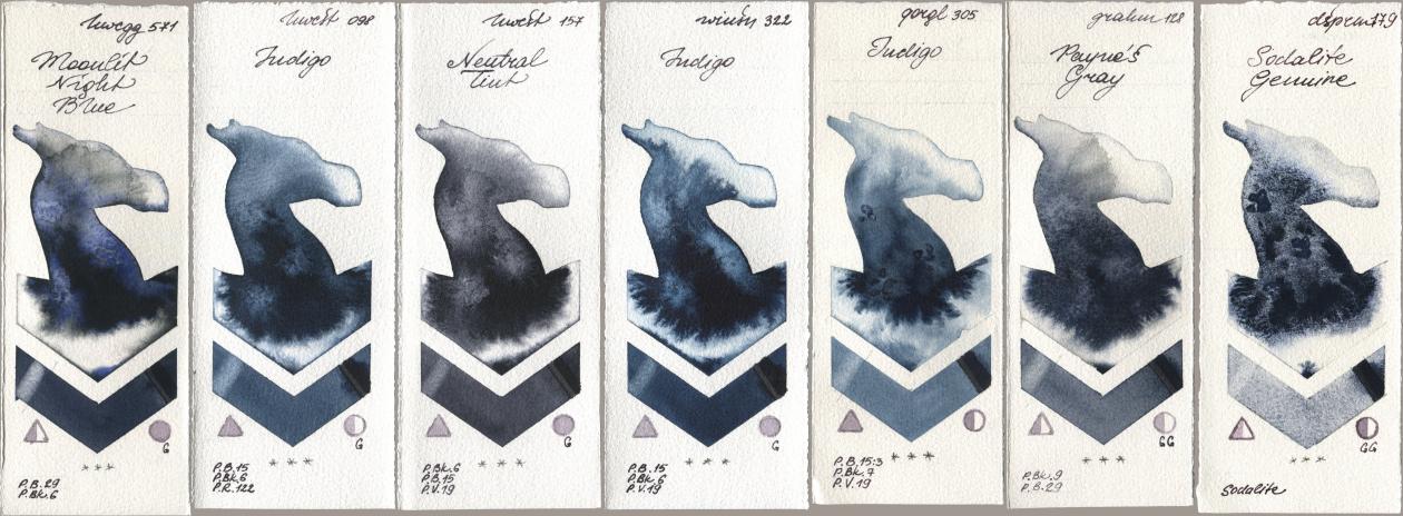 Holbein Artists Watercolor 571 Moonlit Night Blue, 098 Indigo, 157 Neutral Tint, Winsor & Newton Professional 322 Indigo, Golden QOR 305 Indigo, M. Graham & Co. Artists 128 Payne’s Gray, Daniel Smith 179 Sodalite Genui watercolor swatch