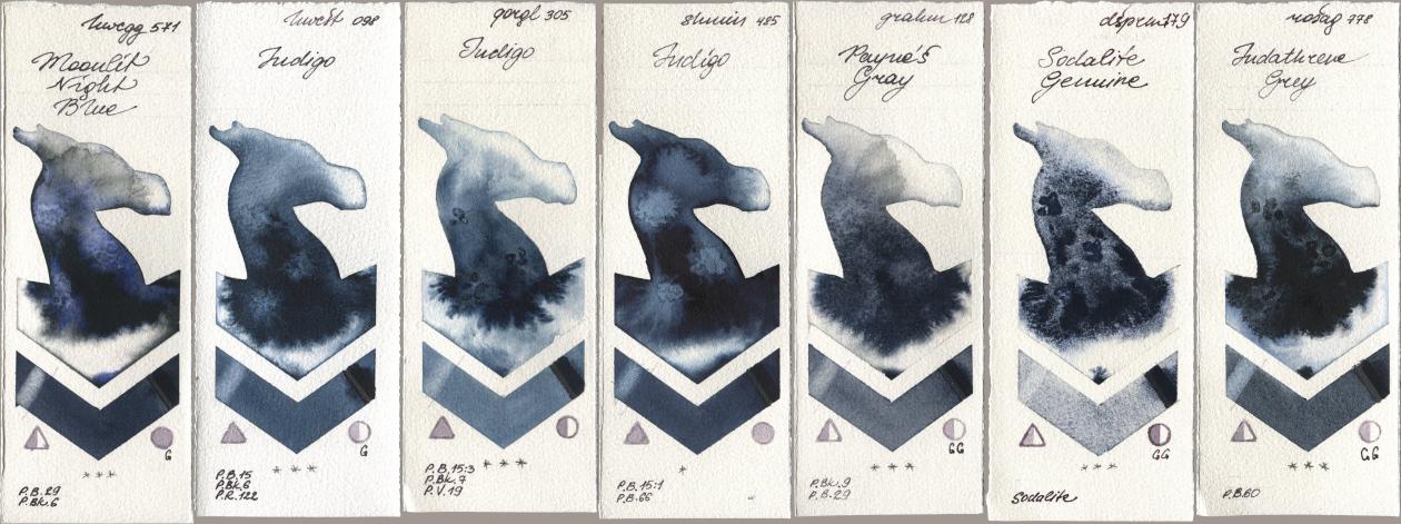 Holbein Artists Watercolor 571 Moonlit Night Blue, 098 Indigo, Golden QOR 305 Indigo, Shminke Horadam Aquarell 485 Indigo, M. Graham & Co. Artists 128 Payne’s Gray, Daniel Smith 179 Sodalite Genuine, Rosa Gallery 778 Indanthrene Gr watercolor swatch