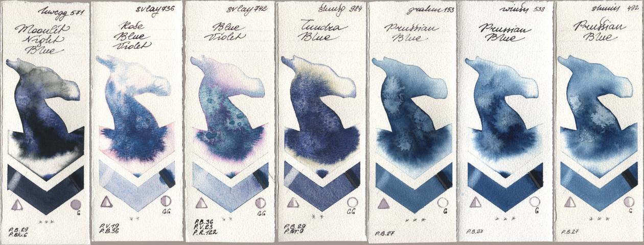 Holbein Artists Watercolor 571 Moonlit Night Blue, SuperVision 736 Rose Blue Violet, 742 Blue Violet, Shminke Horadam Aquarell 984 Tundra Blue, M. Graham & Co. Artists 153 Prussian Blue, Winsor & Newton Professional 538 Prussian Blue, 492 Prussian Bl watercolor swatch