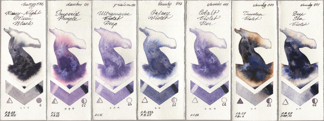 Holbein Artists Watercolor 572 Rainy-Night Moon Back, Daniel Smith 174 Imperial Purple, M. Graham & Co. Artists 194 Ultramarine Violet Deep, Shminke Horadam Aquarell 972 Galaxy Violet, 473 Cobalt Violet Hue, 983 Tundra Violet, 951 Deep Sea Viol watercolor swatch