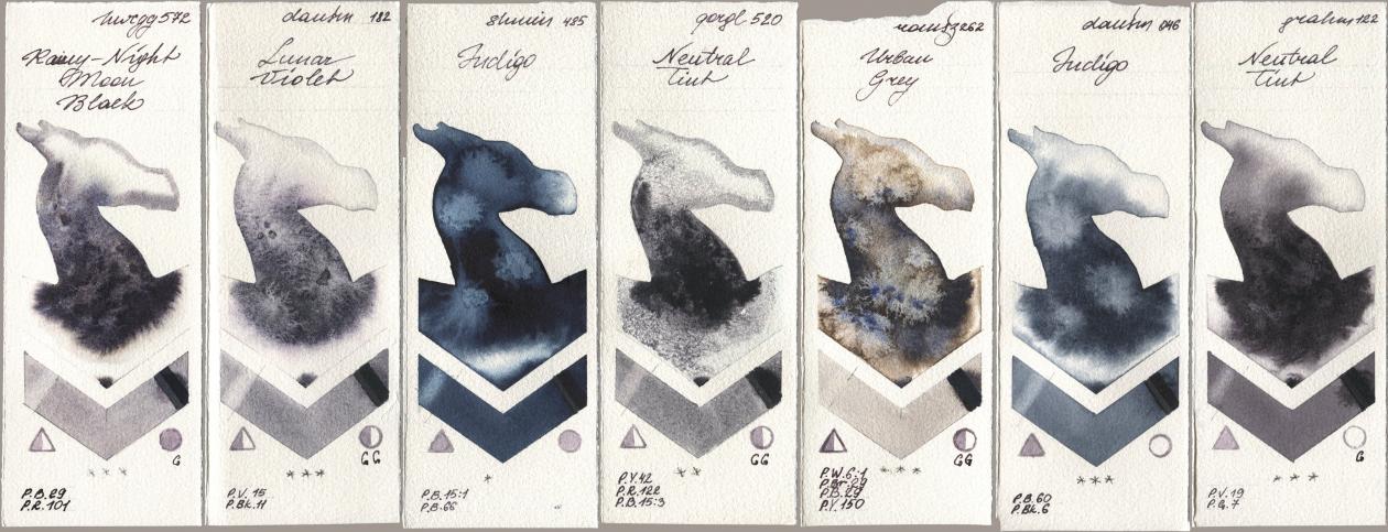Holbein Artists Watercolor 572 Rainy-Night Moon Back, Daniel Smith 182 Lunar Violet, Shminke Horadam Aquarell 485 Indigo, Golden QOR 520 Neutral Tint, Roman Szmal Aquarius 262 Urban Grey, 046 Indigo, M. Graham & Co. Artists 122 Neutral Ti watercolor swatch