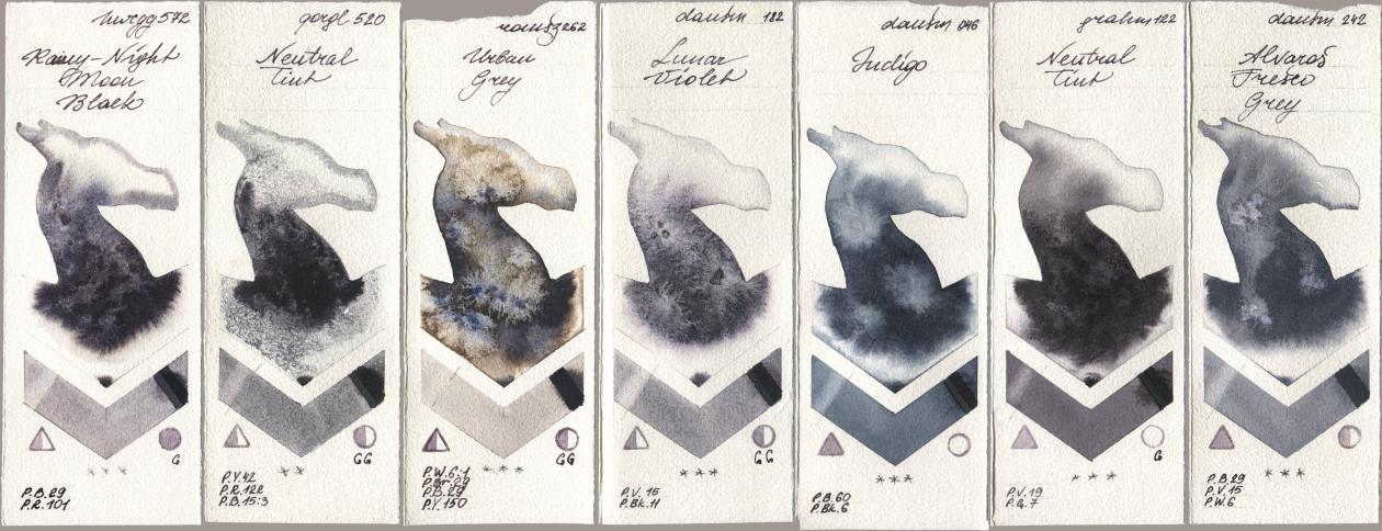 Holbein Artists Watercolor 572 Rainy-Night Moon Back, Golden QOR 520 Neutral Tint, Roman Szmal Aquarius 262 Urban Grey, Daniel Smith 182 Lunar Violet, 046 Indigo, M. Graham & Co. Artists 122 Neutral Tint, 242 Alvaros Fresco Gr watercolor swatch