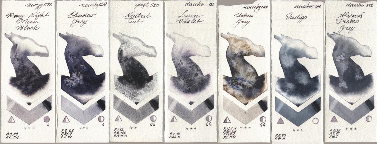 Holbein Artists Watercolor 572 Rainy-Night Moon Back, Roman Szmal Aquarius 259 Shadow Grey, Golden QOR 520 Neutral Tint, Daniel Smith 182 Lunar Violet, 262 Urban Grey, 046 Indigo, 242 Alvaros Fresco Gr watercolor swatch
