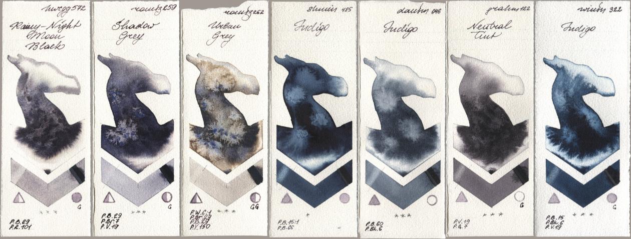 Holbein Artists Watercolor 572 Rainy-Night Moon Back, Roman Szmal Aquarius 259 Shadow Grey, 262 Urban Grey, Shminke Horadam Aquarell 485 Indigo, Daniel Smith 046 Indigo, M. Graham & Co. Artists 122 Neutral Tint, Winsor & Newton Professional 322 Indi watercolor swatch