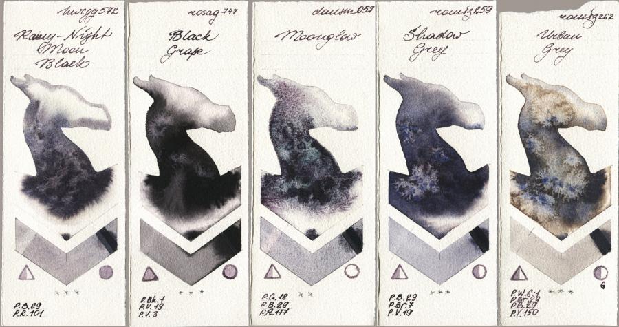 Holbein Artists Watercolor 572 Rainy-Night Moon Back vs Rosa Gallery 747 Black Grape vs Daniel Smith 057 Moonglow vs Roman Szmal Aquarius 259 Shadow Grey vs 262 Urban Grey watercolor swatch