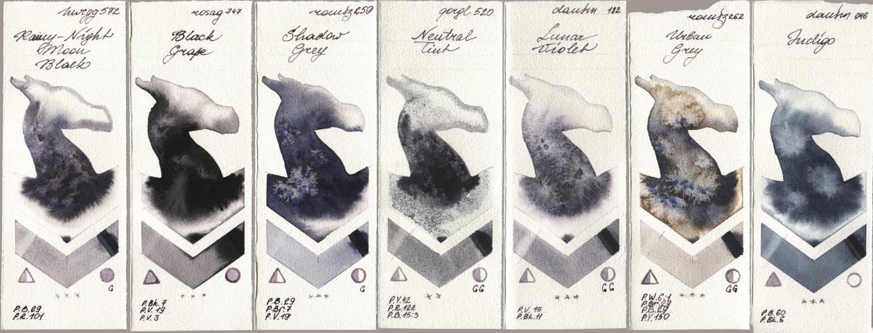 Holbein Artists Watercolor 572 Rainy-Night Moon Back, Rosa Gallery 747 Black Grape, Roman Szmal Aquarius 259 Shadow Grey, Golden QOR 520 Neutral Tint, Daniel Smith 182 Lunar Violet, 262 Urban Grey, 046 Indi watercolor swatch