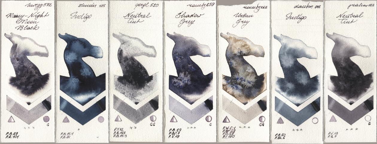 Holbein Artists Watercolor 572 Rainy-Night Moon Back, Shminke Horadam Aquarell 485 Indigo, Golden QOR 520 Neutral Tint, Roman Szmal Aquarius 259 Shadow Grey, 262 Urban Grey, Daniel Smith 046 Indigo, M. Graham & Co. Artists 122 Neutral Ti watercolor swatch
