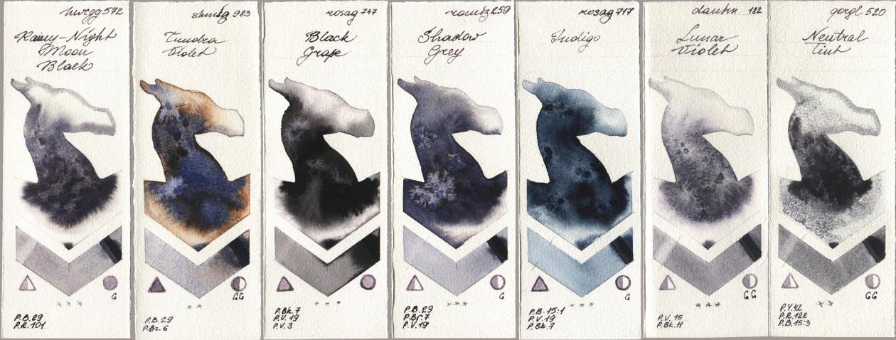 Holbein Artists Watercolor 572 Rainy-Night Moon Back, Shminke Horadam Aquarell 983 Tundra Violet, Rosa Gallery 747 Black Grape, Roman Szmal Aquarius 259 Shadow Grey, 717 Indigo, Daniel Smith 182 Lunar Violet, Golden QOR 520 Neutral Ti watercolor swatch